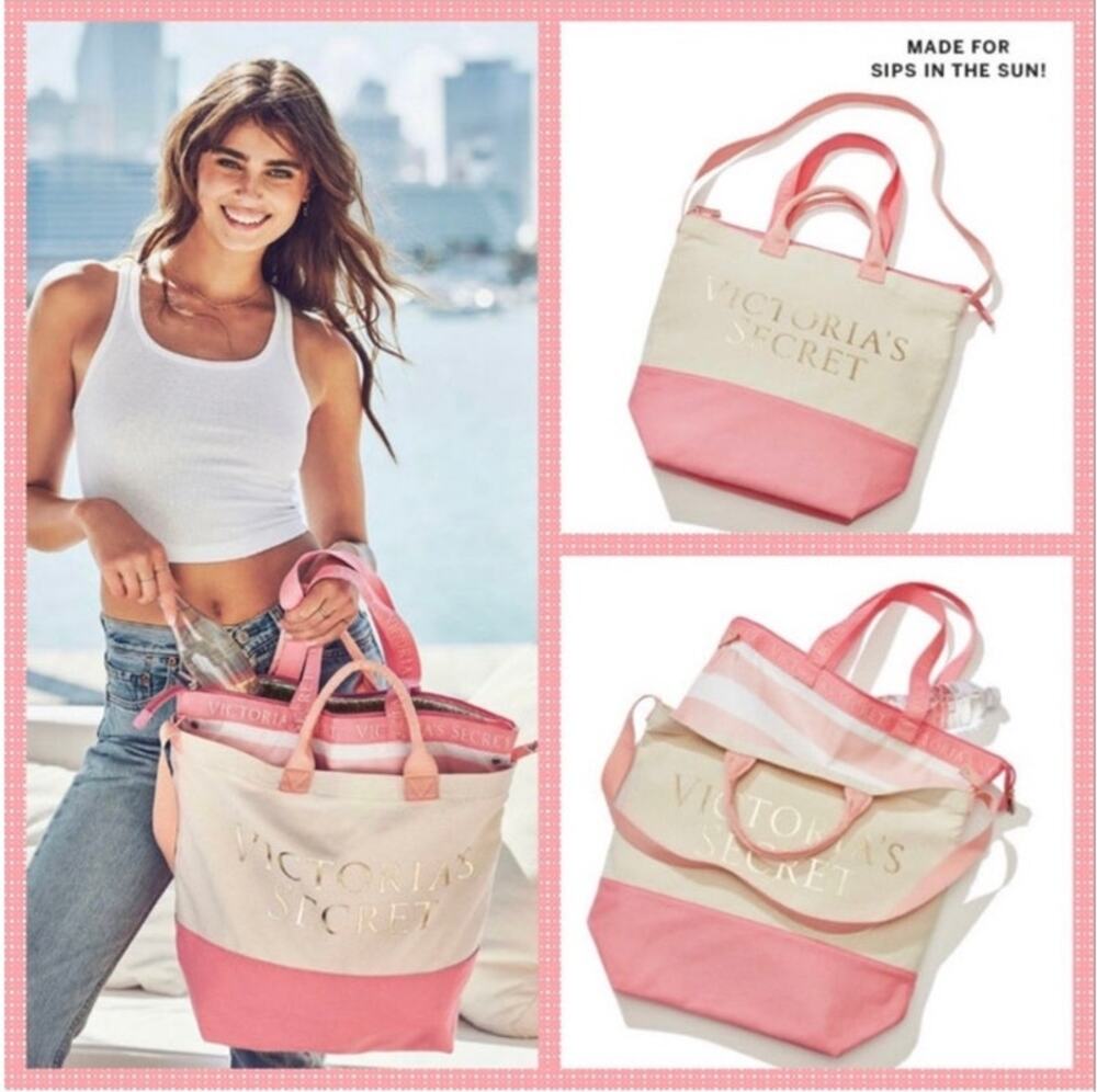 NWT Victoria's Secret Pink Canvas Beach Insulated Cooler Tote 2 in 1 Bag Limited